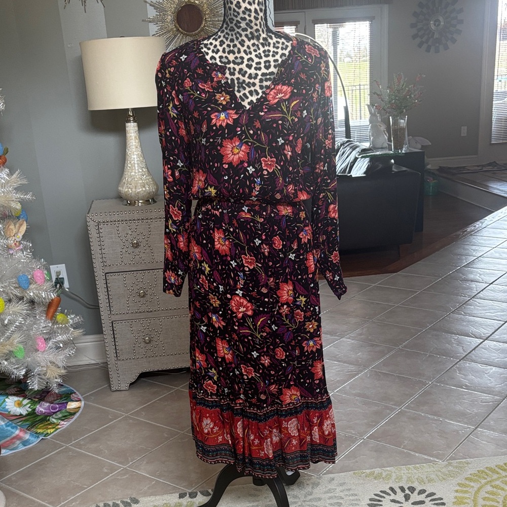 Old Navy Black Maxi Dress with Red and Pink Floral Print